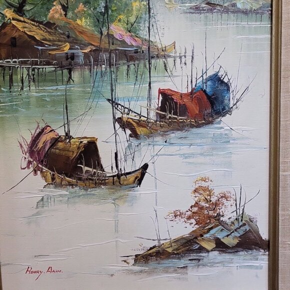 Mid Century Henry Anin Painting Japanese Harbor Scene Signed - Picture 8 of 15